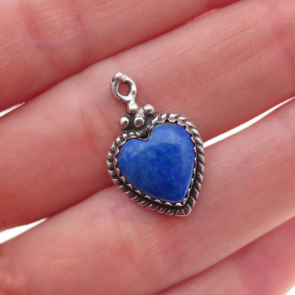 925 Sterling Silver Vintage Real Lapis Heart Oxidized Charm Pendant